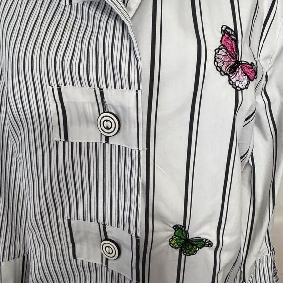 CALEOOA Whimsical Top Button Up Striped Tunic Embroidered Butterflies - Picture 3 of 11
